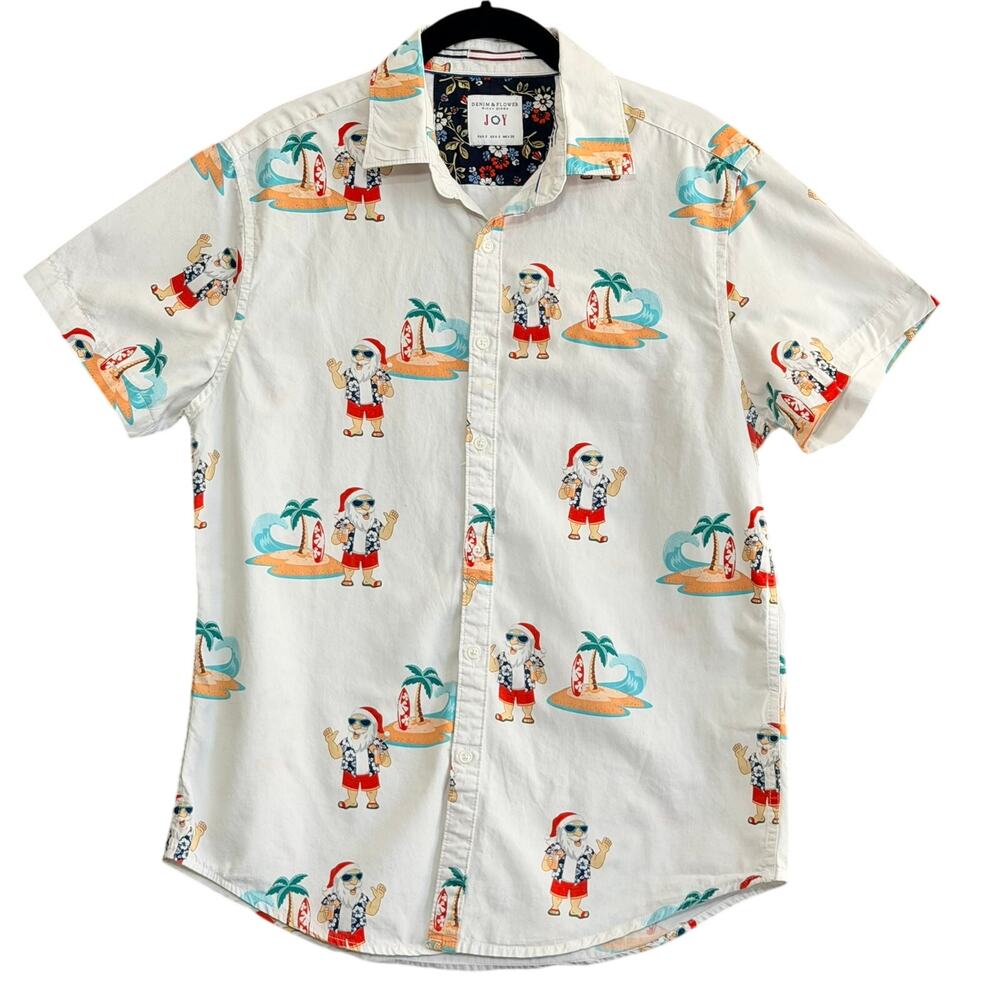 DENIM & FLOWER Ricky Singh Santa Hawaiian Shirt Tropical‎ Christmas Button Up
